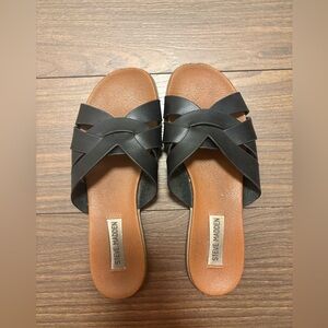 Steve Madden Black Crisscross Slide Sandals with Tan Footbed